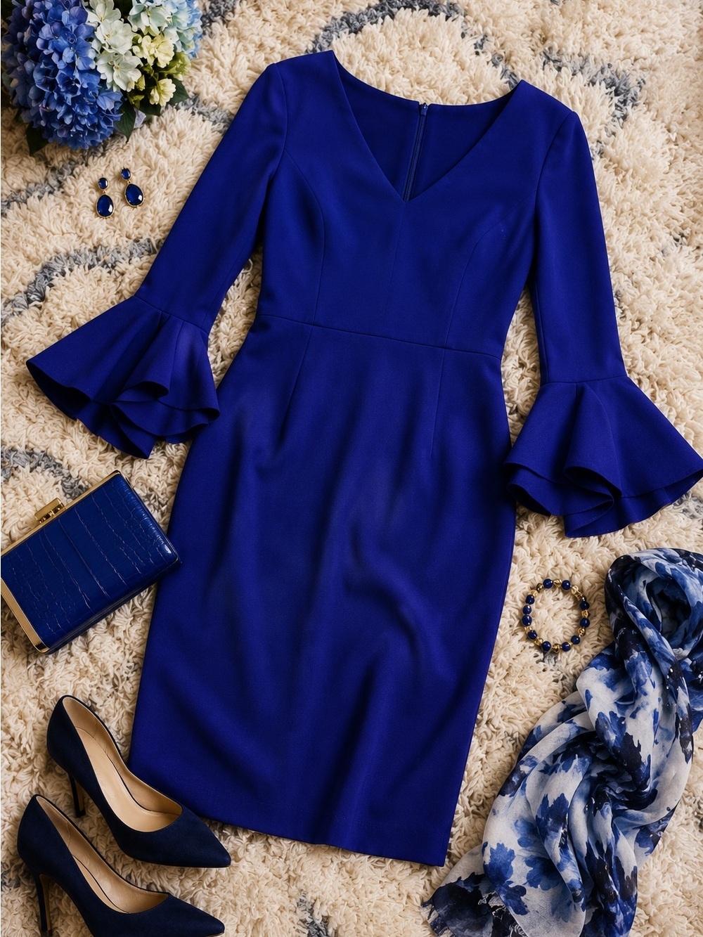 Lela Rose Royal Blue Bell Sleeve Sheath Dress Size 6 Cocktail Wedding Guest